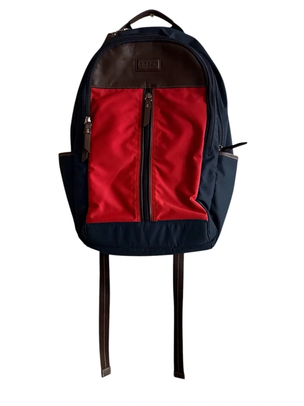 Coach Red and Navy Men's Backpack with Brown Leather Trim